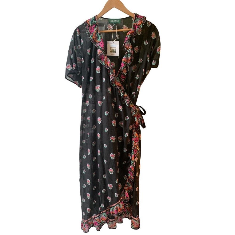 Soleiado Paris NWT Womens Black Paoline Pompadour Wrap S/S Dress EU 44 L US14 - Picture 5 of 16
